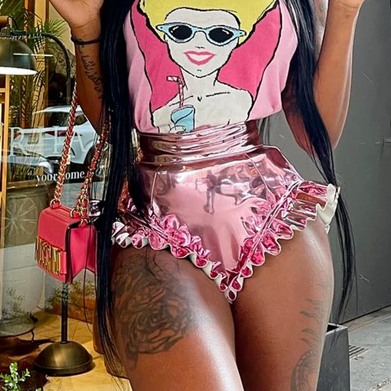 Sexy Mini Party Club Hot Shorts Women Summer 2023 Shiny Solid Zipper Fold Side Flare Shorts Female Casual Ruffled PU Short Gold