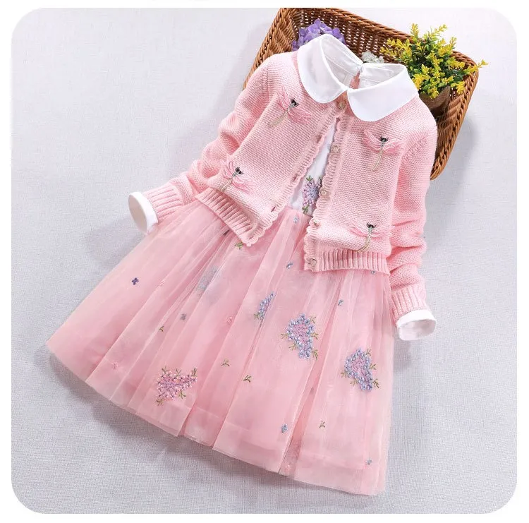 Spring/Autumn Children girl's sets Princess skirt cotton three-piece suit children's sets cardigan sweater