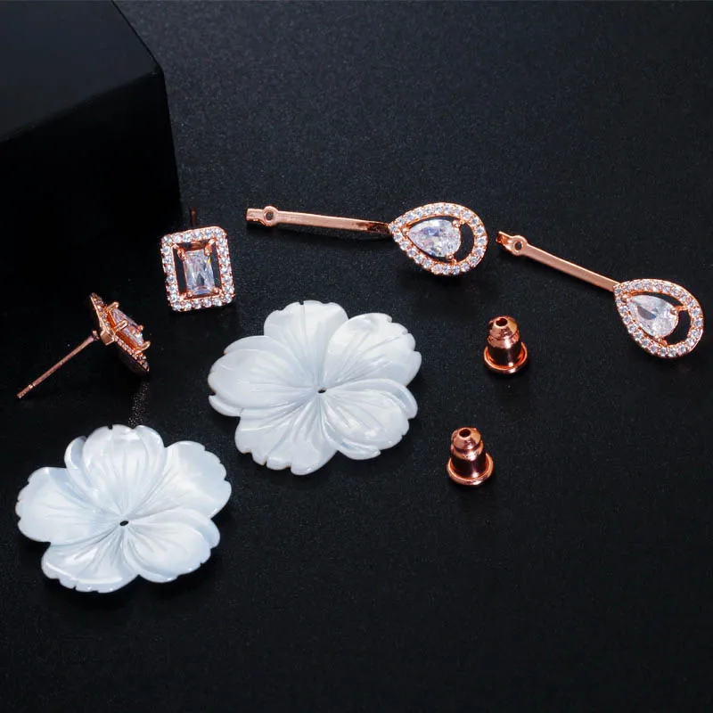 CWWZircons Natural Designer Shell Flower Cubic Zirconia Stone Big Long 585 Rose Gold Drop Earring for Women Trendy Jewelry CZ624