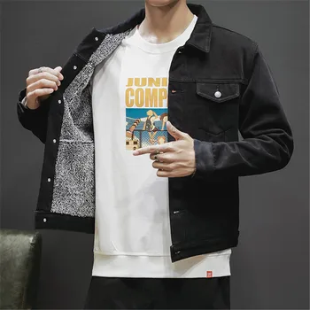 

Jeans jacket Men 2020 Men's Plus velvet Denim Overalls jacket Casual Black Long sleeve Thick jacket More sizes M-5XL