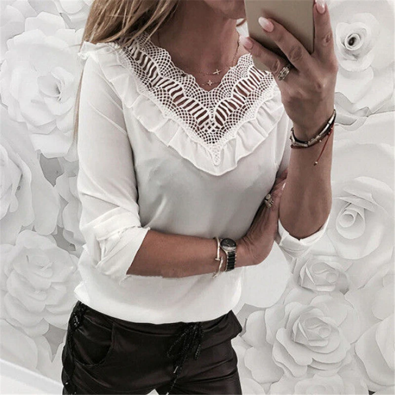 Women Blouses Lace Blouse Women Long Sleeve Shirts Casual Tops Solid Ruffle Shirt Blouses And Shirts For Ladies V Neck Tops