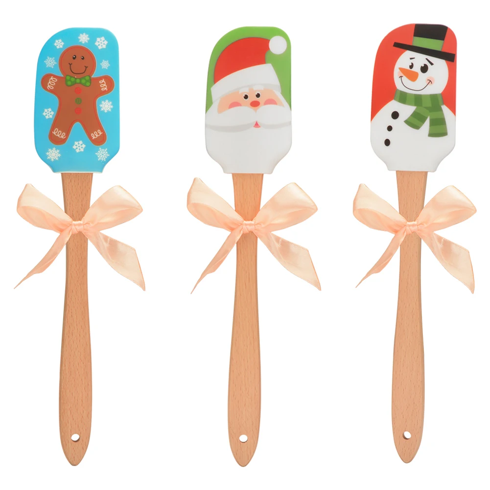  Kitchen Silicone Cake Decorating Tool Spatula Santa Claus Snowman Pattern Baking Scraper with Woode