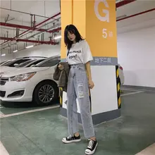 Прямые джинсы для женщин, Синие рваные джинсы бойфренда, новые осенние свободные повседневные джинсовые штаны с высокой талией размера плюс