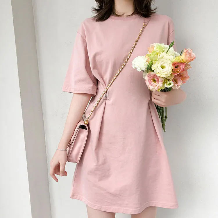 

2019 New Style Snap Closure Dress Summer Long T-shirt Women's Crew Neck Simple Waist Hugging Short-sleeved Top