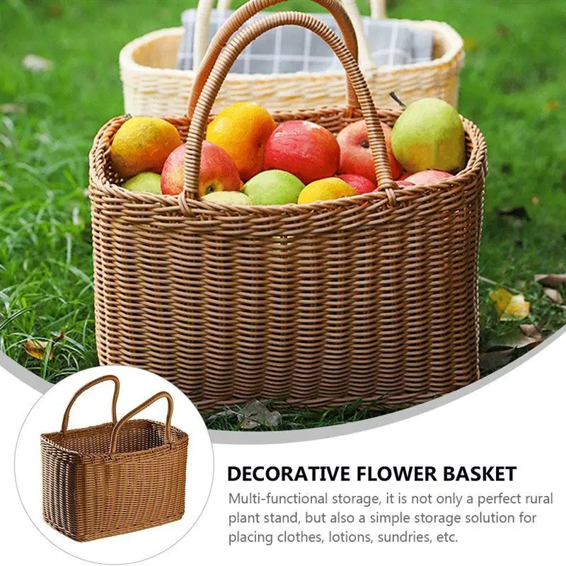 Woven Picnic Baskets Handmade Wicker Basket with Handle Flower Arrangement Basket Shopping Storage Hamper Basket