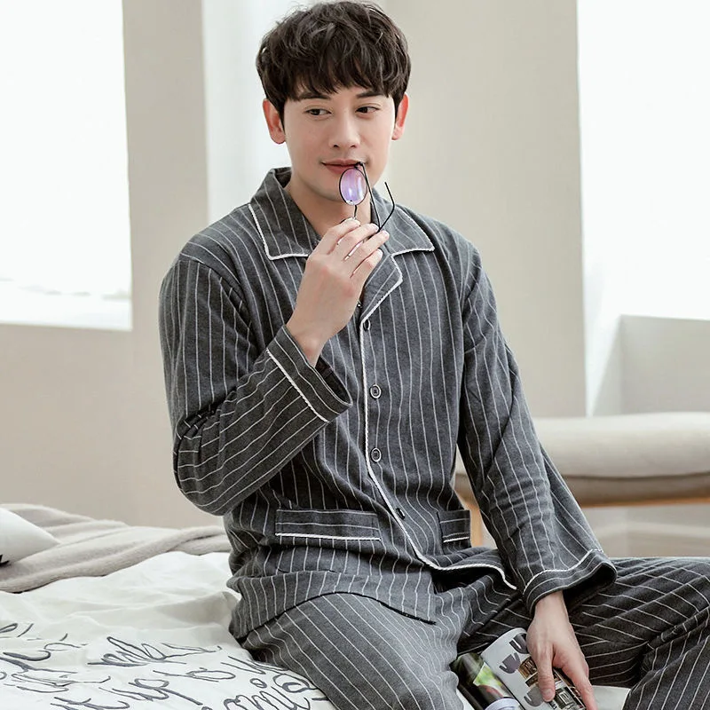 

Fall/winter Double-sided Pajamas Men's Korean Striped Cardigan Lapel Can Be Worn Outside Home Clothes Pijama De Hombre Invierno