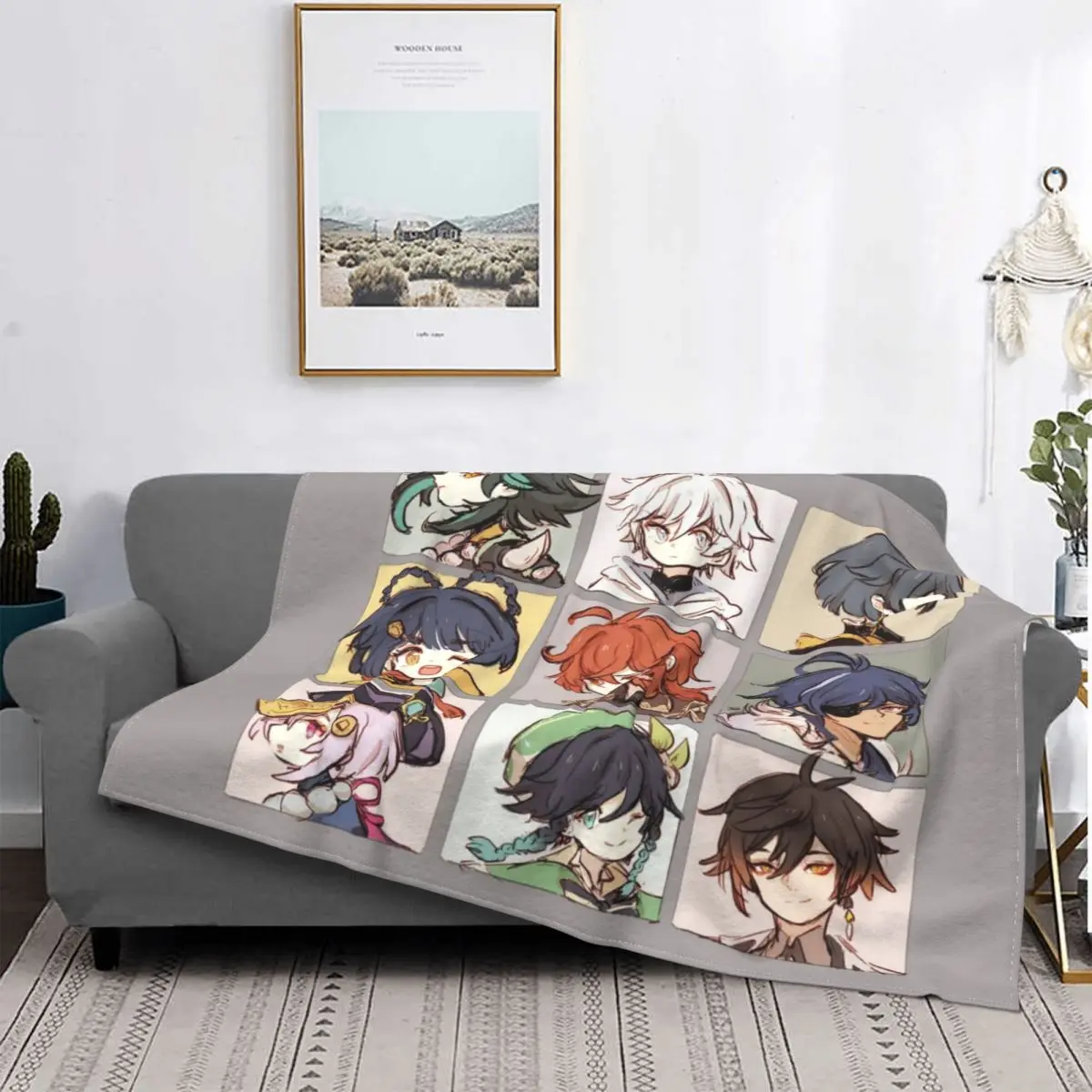 Genshin Impact Characters Chibi Assemble Blankets Flannel Summer Manga Lightweight Throw for Bed Bedroom Bedspreads | Дом и сад