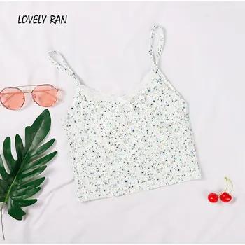 

Korean Flower Print Spaghetti Strap Cropped Women Camisole Sexy Lace Sleeveless Female Crop Top Summer Sweet Slim Lady Camis