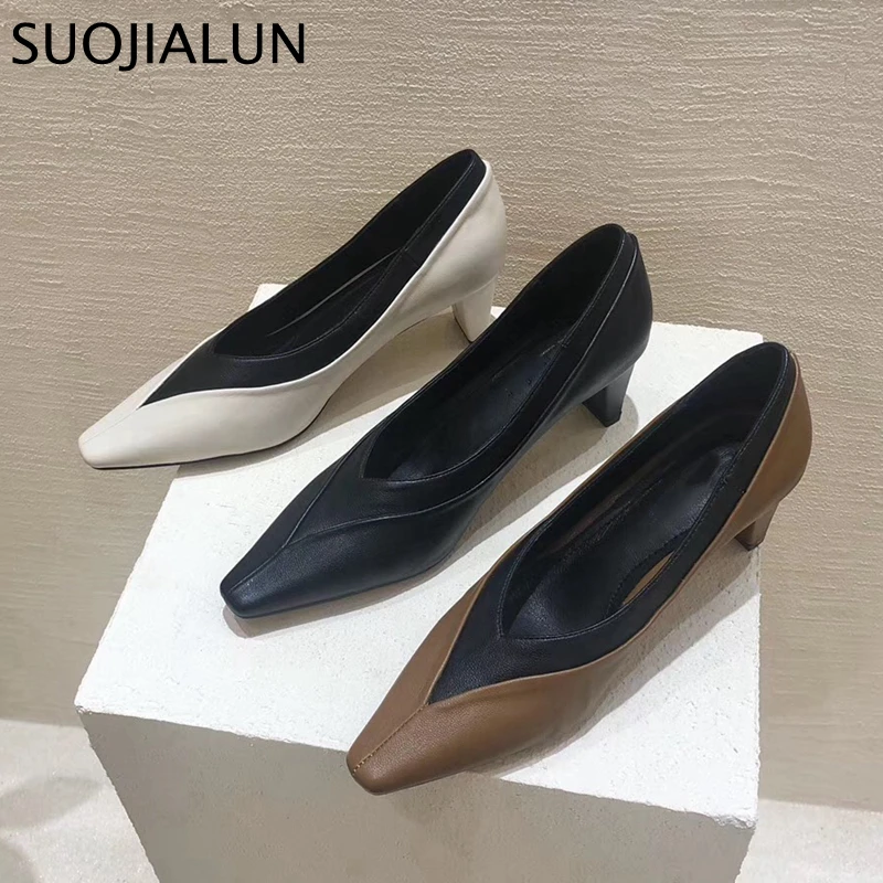 SUOJIALUN New Brand Med Heels Women Pump High Quality Women Sexy Shoes Ladies Dress Party Pump Shoes Office Ladies Shoes