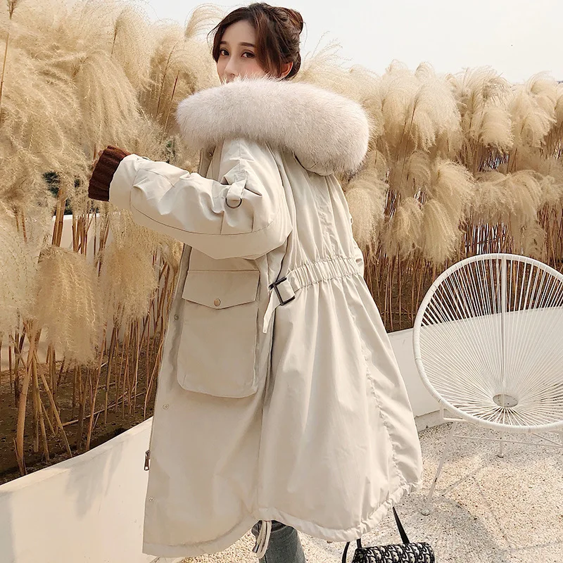 Для фотосессии Зимний стиль Dongdaemun приталенная обнимающая белая куртка на утином пуху женская одежда средней длины выше колена Рабочая одежда