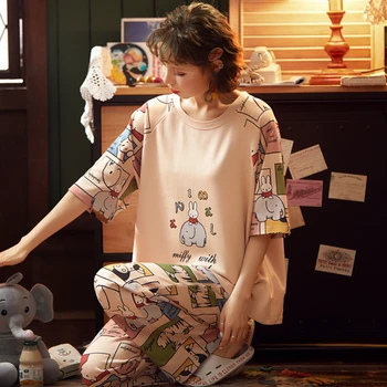 

2 Pcs Pajamas For Women Short Sleeve Long Pants Spring Summer Casual Comfortable Pyjama Sets For Girl Nice Home Suits
