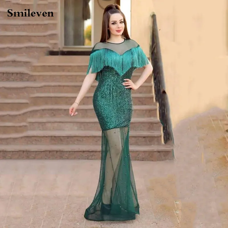 

Smileven Dark Green Mermaid Evening Dress Sexy Sequin Formal Dress Party Gown With Tassel robe de soiree Mermaid Prom Gowns