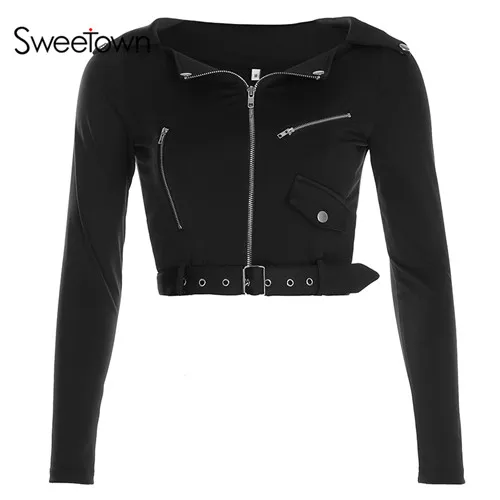 Sweetown черная короткая куртка в стиле панк, готика, осенняя уличная одежда на молнии, отложной воротник, мото& байкерские женские куртки и пальто - Цвет: black