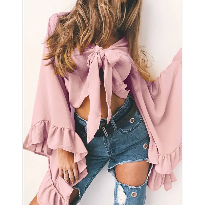 

Sexy Women Crop Top Solid Plunging V Neck Tie Bow Long Flare Sleeve Ruffle Petal Short Blouse