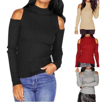 

Women Blouses Sexy Cold Shoulder Tops Casual Turtleneck Knitted Top Jumper Pullover Print Long Sleeve Shirt Blusas Camisas Mujer