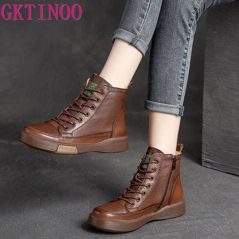 Handmade Women Shoes Flat Boots Cow Leather Lace Up Genuine Leather Mother Ankle 