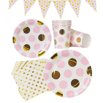 

Golden Pink Polka Dot Gold Edge Quality Disposable Tableware Pennant Sign Girl Holiday Birthday Party Decoration Child Shower