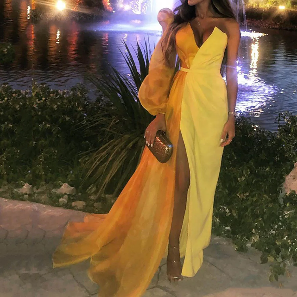 Желтое элегантное платье на одно плечо с длинным рукавом, сексуальное вечернее платье с разрезом спереди, длина до пола, ТРАПЕЦИЕВИДНОЕ свадебное вечернее платье