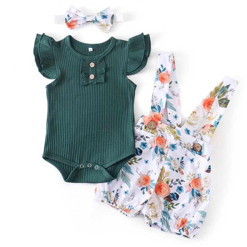 Newborn Baby Girl Clothes Set Summer Infant Outfits Solid Color Romper Flower Shorts Headband Fashion 3Pcs For Toddler Clothing baby clothes in sets	 Baby Clothing Set