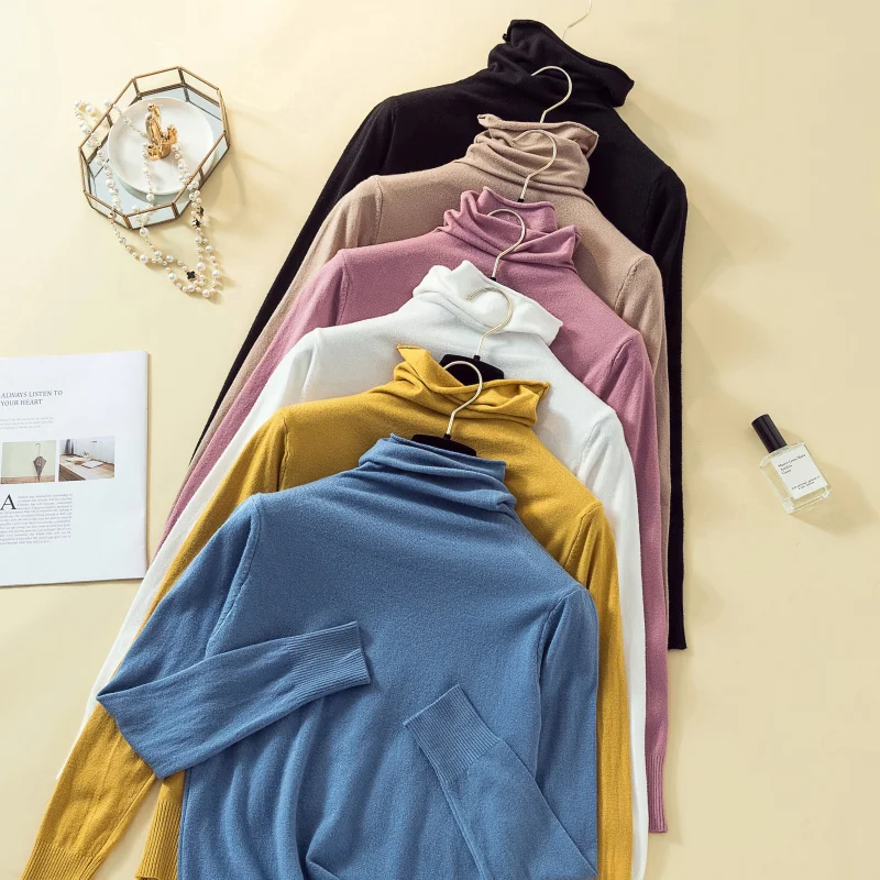 Kintted Turtleneck Cashmere Women Sweater Solid Color Long Sleeve Jumper Korean Fashion Autumn Winter Pullover Black White Blue
