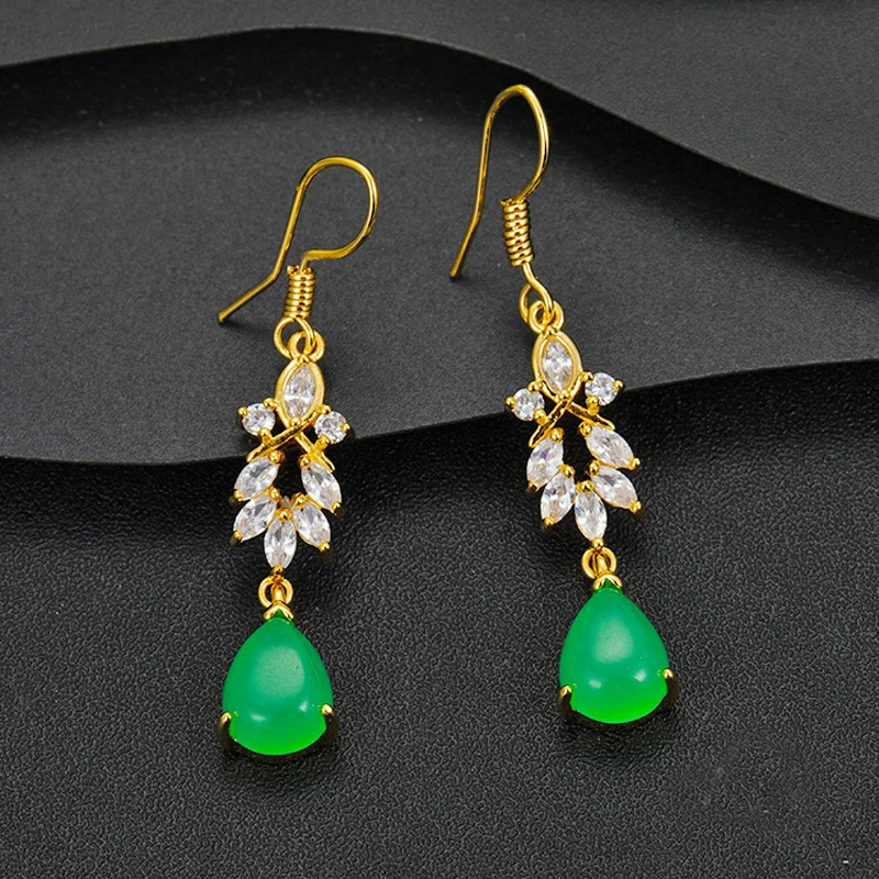 

Luxury Drop Earrings for Women Pure Gold Color Earring with Clear Green Zircon Trendy Jewelry for Party Wedding Gift Accessories