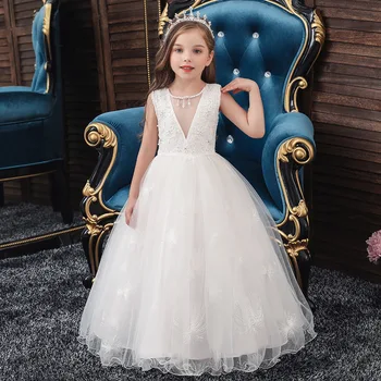 

Girl Dress Summer Children Clothing Solid Color V-Neck Flora Embroidery Sleeveless Tutu Skirt Princess Fashion Mesh Lace Dress