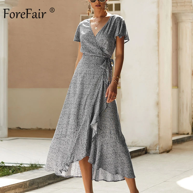 Forefair Summer Wrap Dress Beach Floral Print Bohemian Chiffon A Line  Vintage Polka Dot Waist Tied Maxi Casual Dress Women|Dresses| - AliExpress