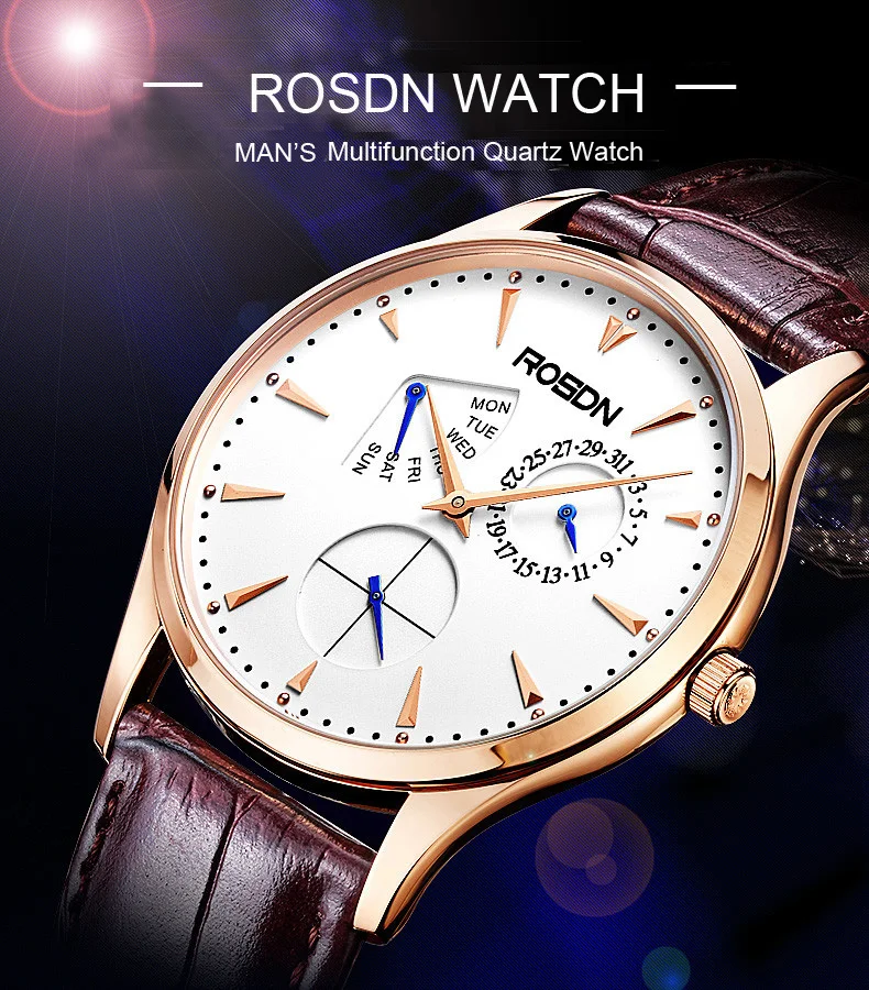 Ультратонкий Роскошный бренд ROSDN мужские японские кварцевые часы Move Мужские t часы мужские сапфировые 50 м Водонепроницаемые многофункциональные часы R3188