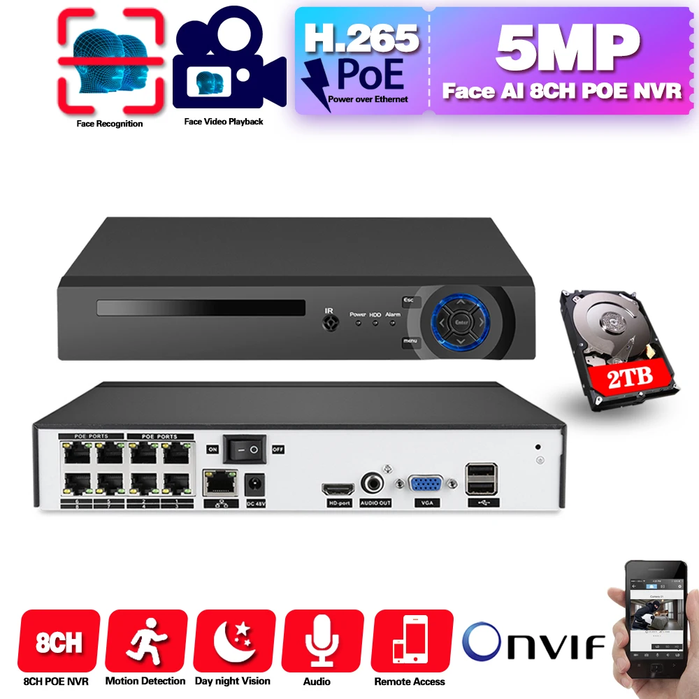 

HD CCTV 8CH 5MP surveillance DVR POE NVR 8 channel Face&Motion Detection HDMI Standalone security 4G WIFI NVR video recorder