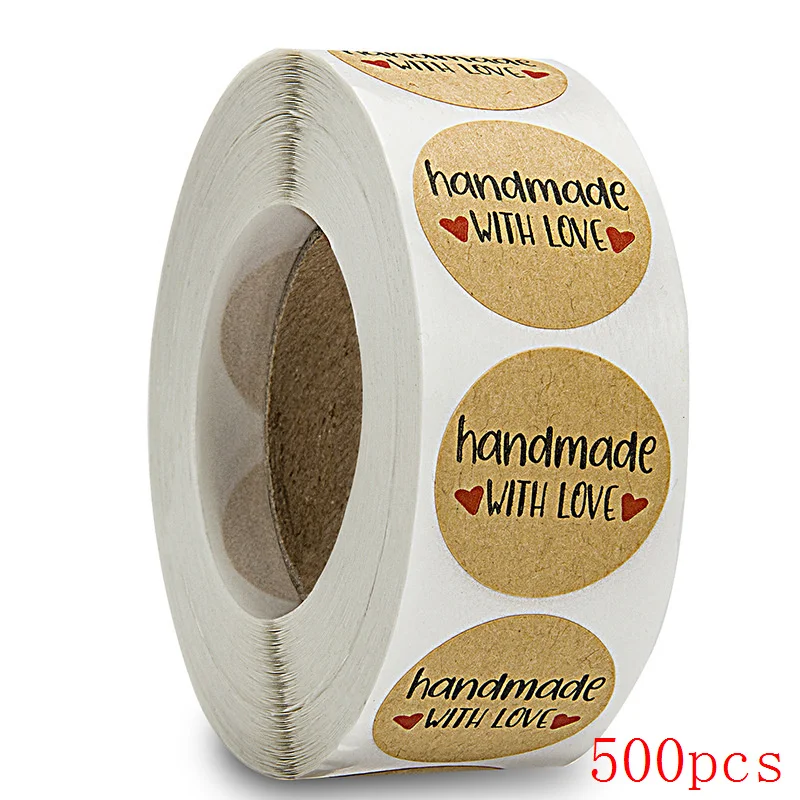 50-500pcs Handmade With Love Kraft Paper Stickers 25mm Round Adhesive Labels Baking wedding decoration party decoration Sticker 