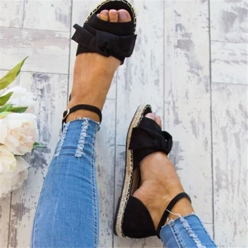 2020 New Casual Bow Womens Sandals Strap Flats Shoes For Woman Solid Color Peep Toe Sandalias Mujer | Обувь