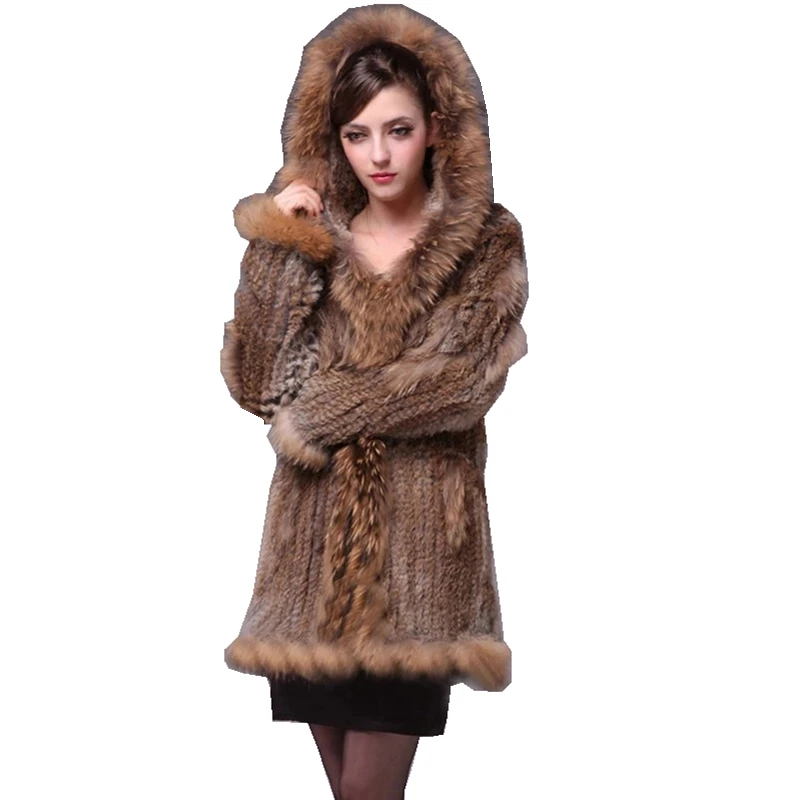 TopFurMall) Женская куртка из натурального меха кролика толстовка с мехом енота зимняя натуральная женская меховая верхняя одежда приталенное пальто LF9043