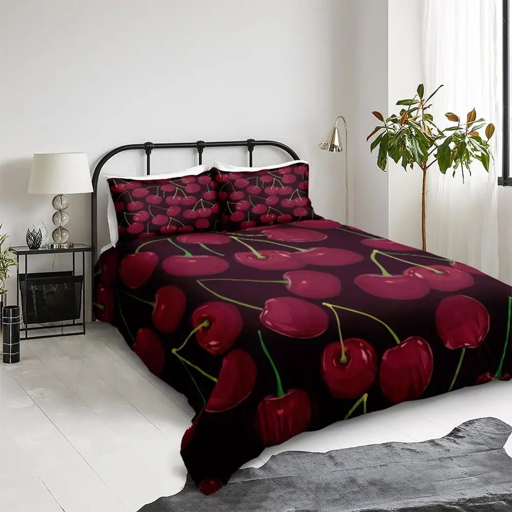Cherry Duvet Cover Set 3D Fruit Bedding Set Ripe Berry Bed Cover Twin