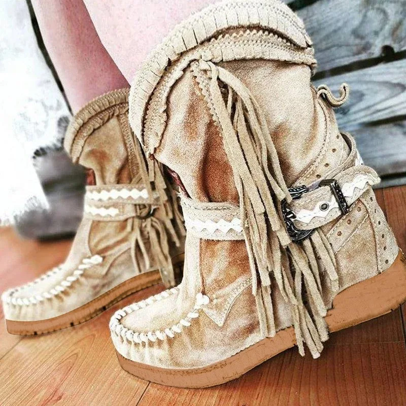 Dropshipping Women Ankle Short Boots Tassels Round Toe Buckle Strap Boots Ethnic Warm Non-slip Boots Shoe For Ladies Botas Mujer