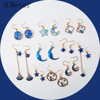 

3UMeter 2019 New Korean Earrings Blue Cute Stars Ear Clips Moon Dangle Earrings Asymmetrical Women Romantic Ear Clip Jewelry
