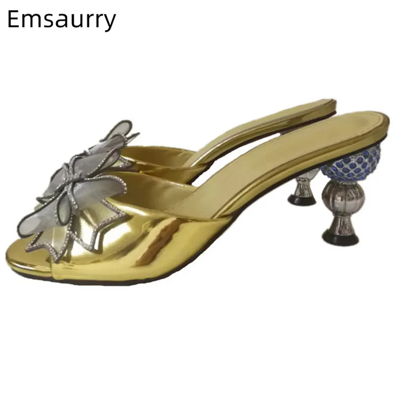 

Gold Leather Decor Lace Bowtie Slim Shallow Sweet Party Ladies Slides 2019 Chic Strange Ball Shape Crystal Heel Slippers Woman