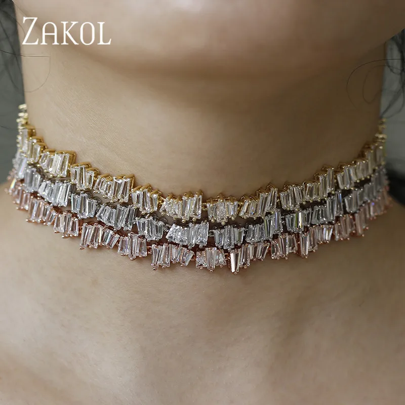Tanie ZAKOL moda marka biżuteria 3 kolory prostokąt cyrkonia Chokers naszyjnik momenty dla kobiet rocznica FSNP076
