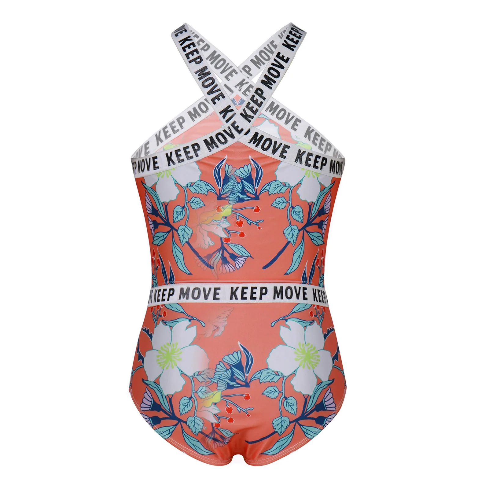 TiaoBug Summer Kids Girls Swimming Leotard Bodysuit Sleeveless X Shaped Front And Back Letter FLowers Print Swimsuit Bikini