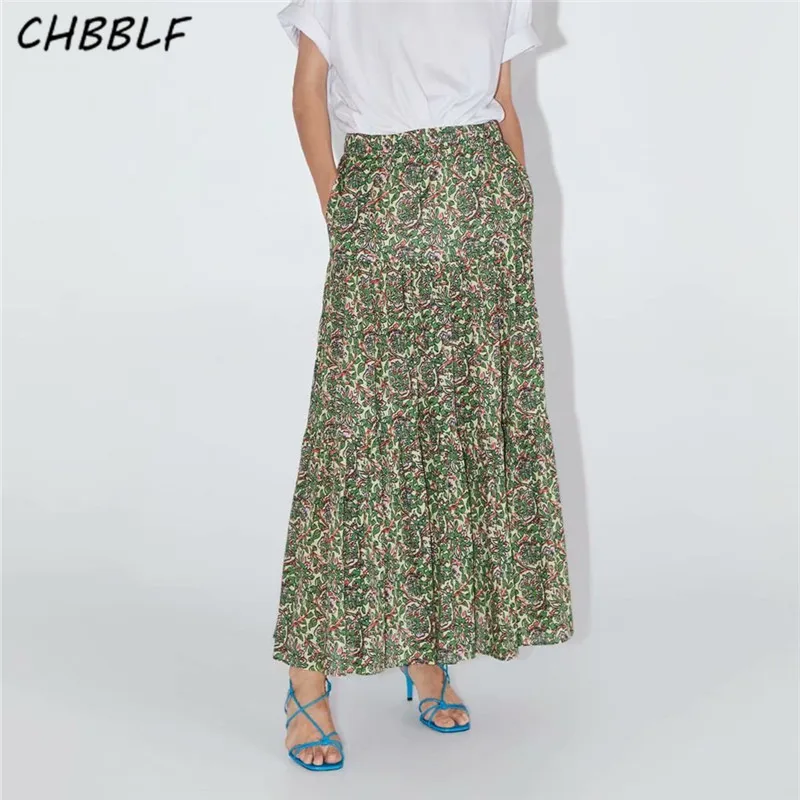 CHBBLF Женская винтажная плиссированная юбка с цветочным принтом mujer женский с эластичной талией Свободная Длина по щиколотку юбки JHC9053
