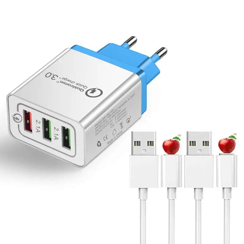 3 Порты и разъёмы USB Зарядное устройство быстрой зарядки 3,0 24 Вт адаптер для зарядного устройства с зарядным кабелем для iPhone, iPad, samsung Галактики, huawei - Тип штекера: blue