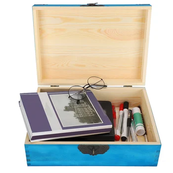 

Wooden Simple Storage Box Blue Desktop Jewelry Cosmetics Document Organizer Case with Lock Elegant Alloy Wrap Angle Display