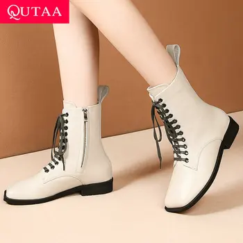 

QUTAA 2021 Square Toe Lace Up Zipper Ankle Boots Cow Leather Casual Women Shoes Autumn Winter Square Heel Short Boots Size 34-41