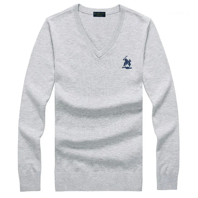 Вышитый логотип поло, Осень-зима, мужской свитер с v-образным вырезом, Мужская молодежная трендовая рубашка из чистого хлопка, приталенная вязаная 8508 - Цвет: Серый