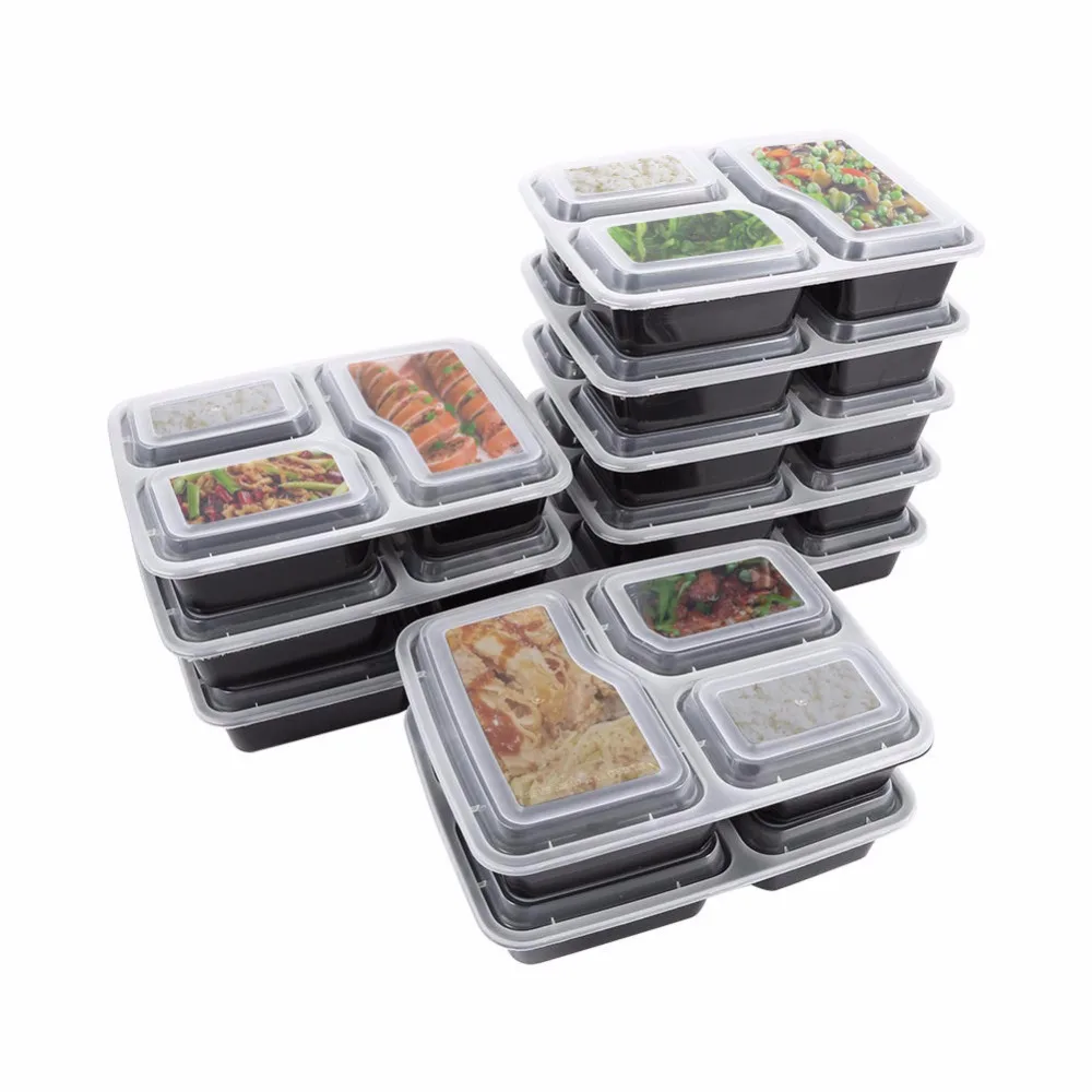 10 шт. пластиковый многоразовый Bento Box пищевой контейнер, коробка для еды, ланча, 3 отсека, многоразовый пригодный для микроволновой печи, контейнер для завтрака