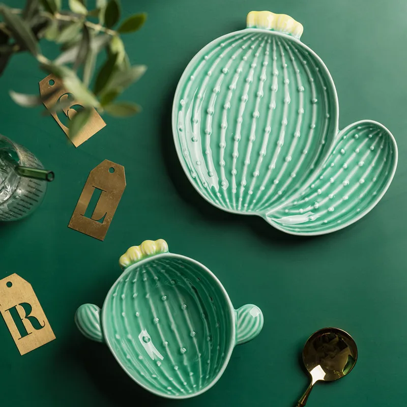 

Nordic Style Creative Ceramic Tableware Plant Cactus Cute Plate Breakfast Bowl Household Tableware Snack Dish Fruit Salad Plate