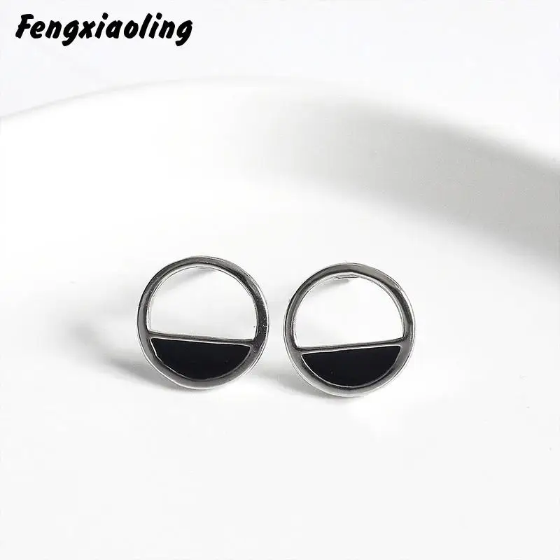 

Fengxiaoling Retro Lady Round Earring 925 Sterling Silver Black Drop Glaze Stud Earrings For Women & Men Wholesale Gifts Jewelry