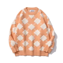 

Autumn Winter Men's Sweaters Jacquard Argyle Lazy Pullover Harajuku Jumpers Oversize Streetwear Casual Knitwear Unisex Clothing
