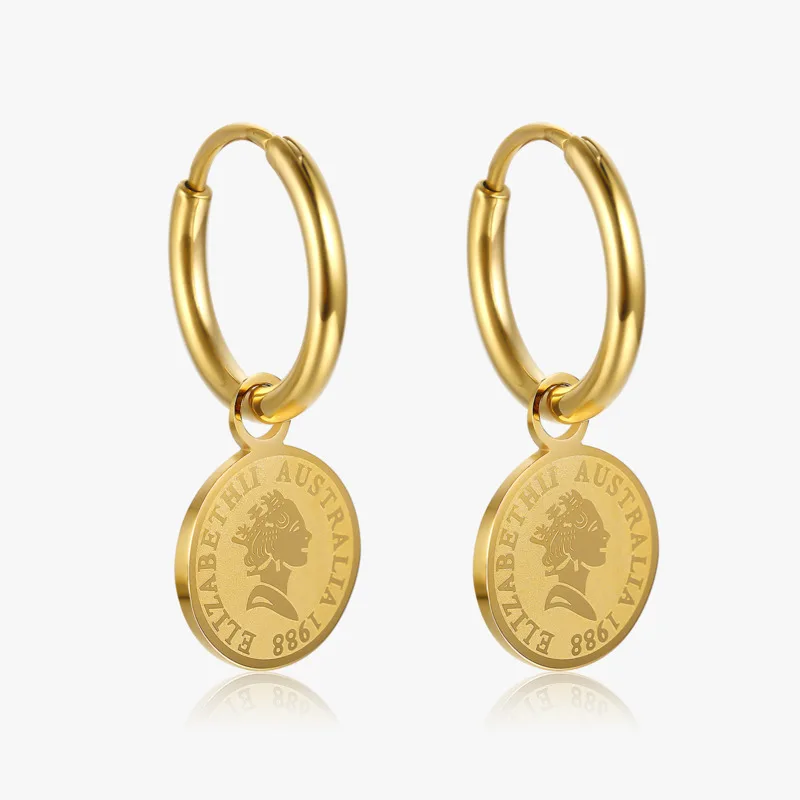 Round Coin Drop Earrings For Women Stainless Steel Earring Geometric Square-shape Earings Plated Gold Trendy Earing Jewellery | Украшения и