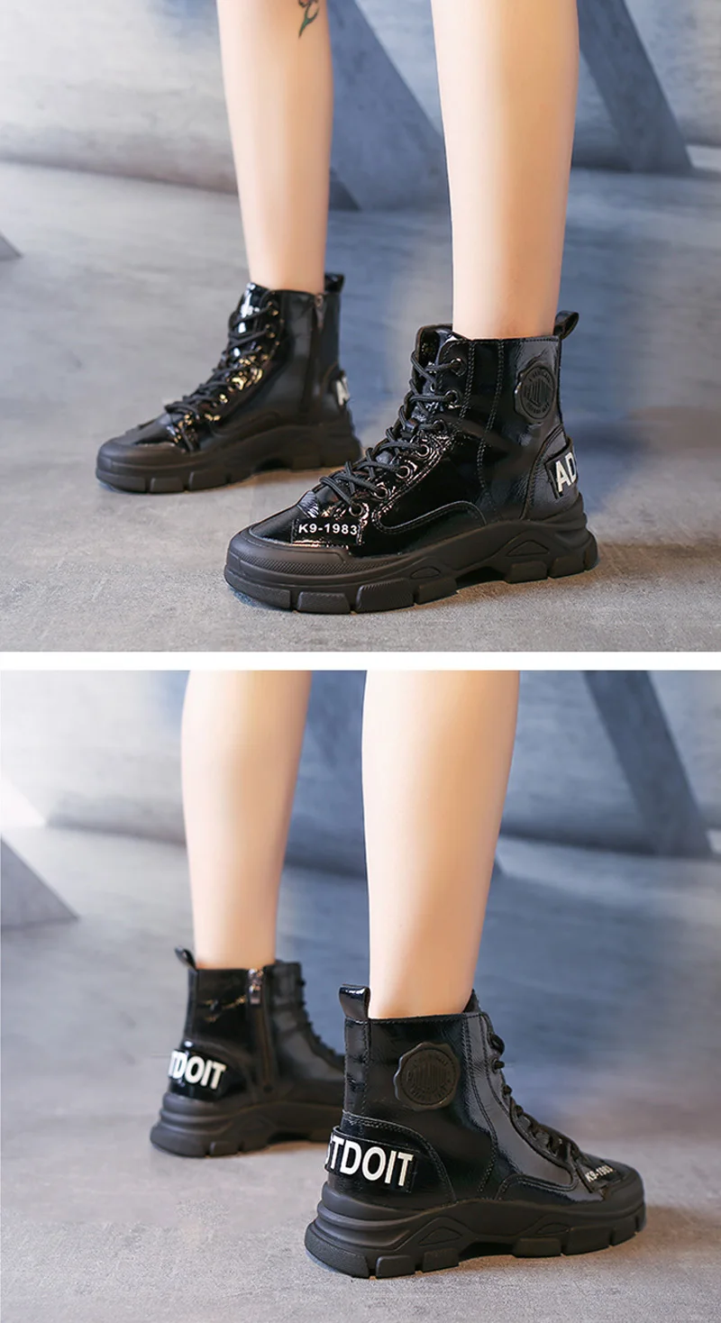 E TOY/женские ботинки; Цвет черный, белый; осенние ботинки на плоской платформе со шнуровкой; ботинки из лакированной кожи и бархата; зимняя женская обувь