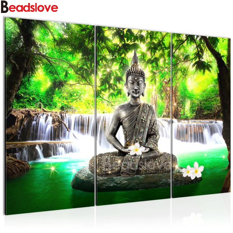 Large Diamond Painting Buddha statue religious green waterfall Cross stitch DIY Mosaic 5d full